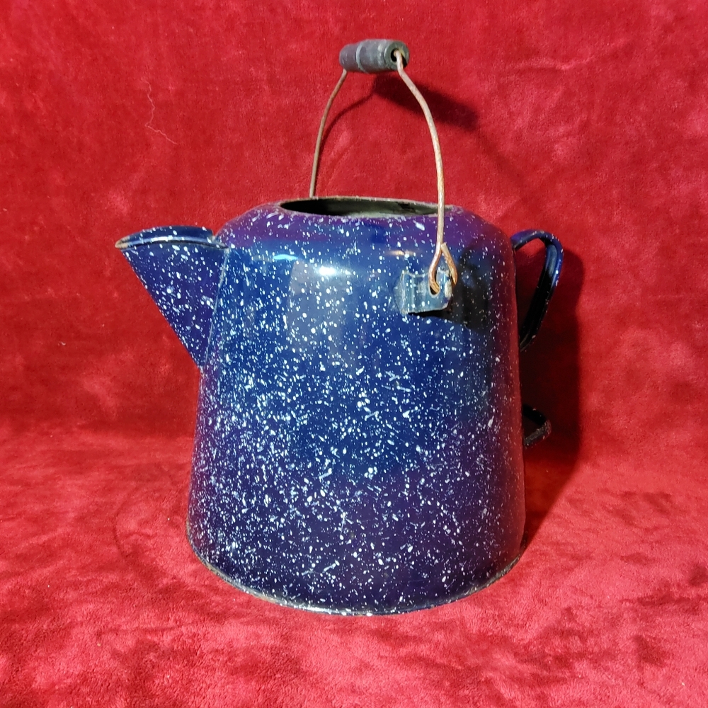 Large Vintage Enamelware Dark Blue-White Speckled Cowboy Coffee Kettle Pot